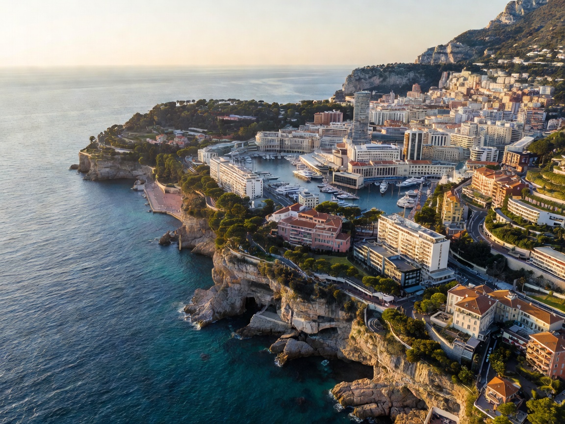 Aerial view of Monaco coastline with no civilian airport runway