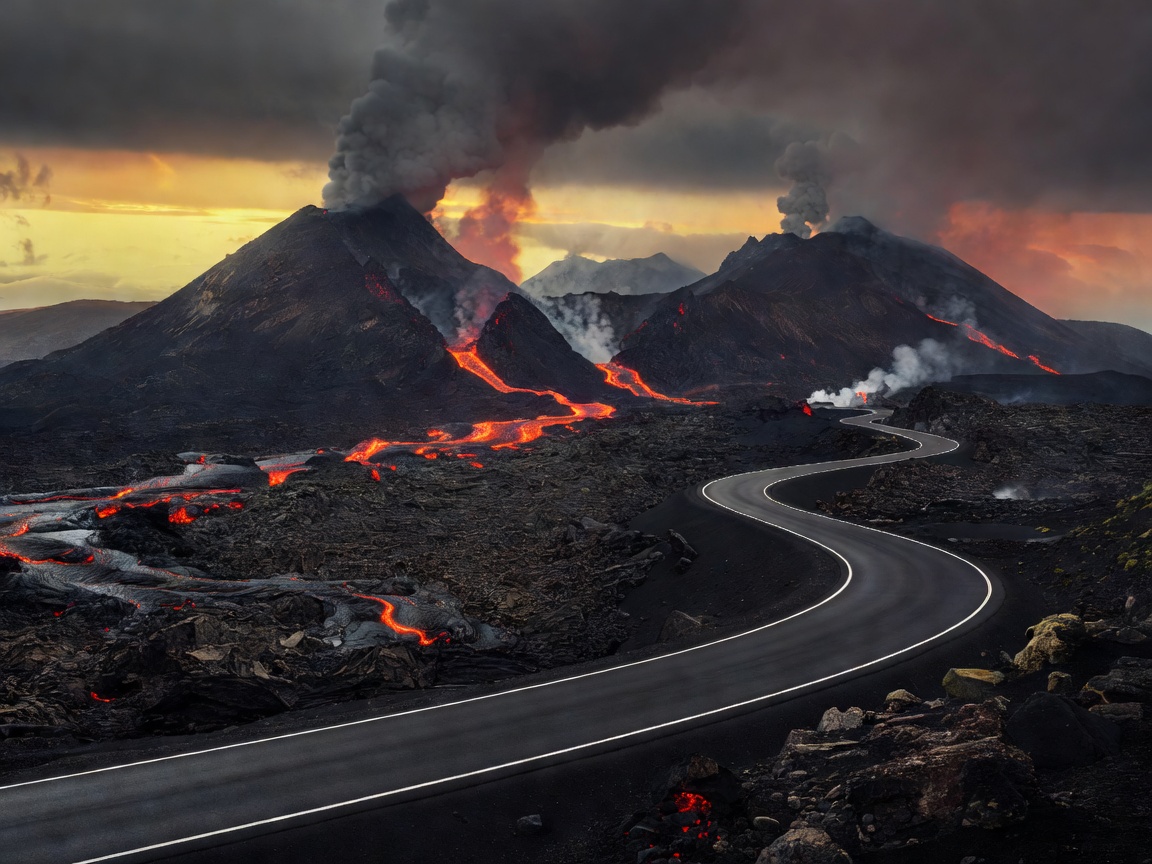 Dramatic volcanic highway landscape with no railway tracks
