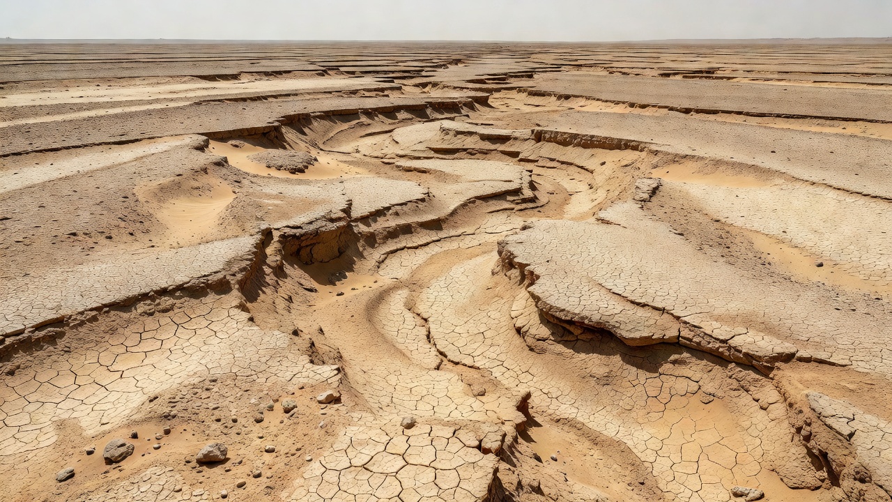 Expansive desert terrain with dry wadis and arid ground
