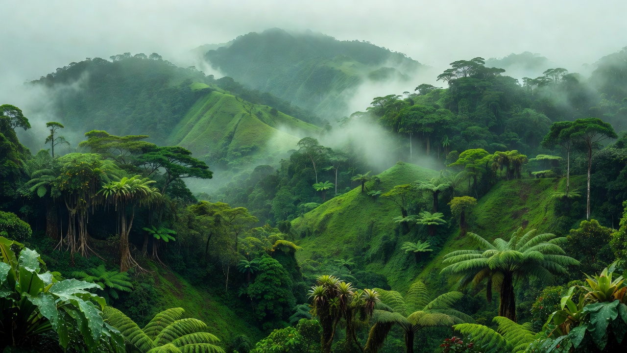 Lush green Costa Rican misty mountains representing demilitarized peace