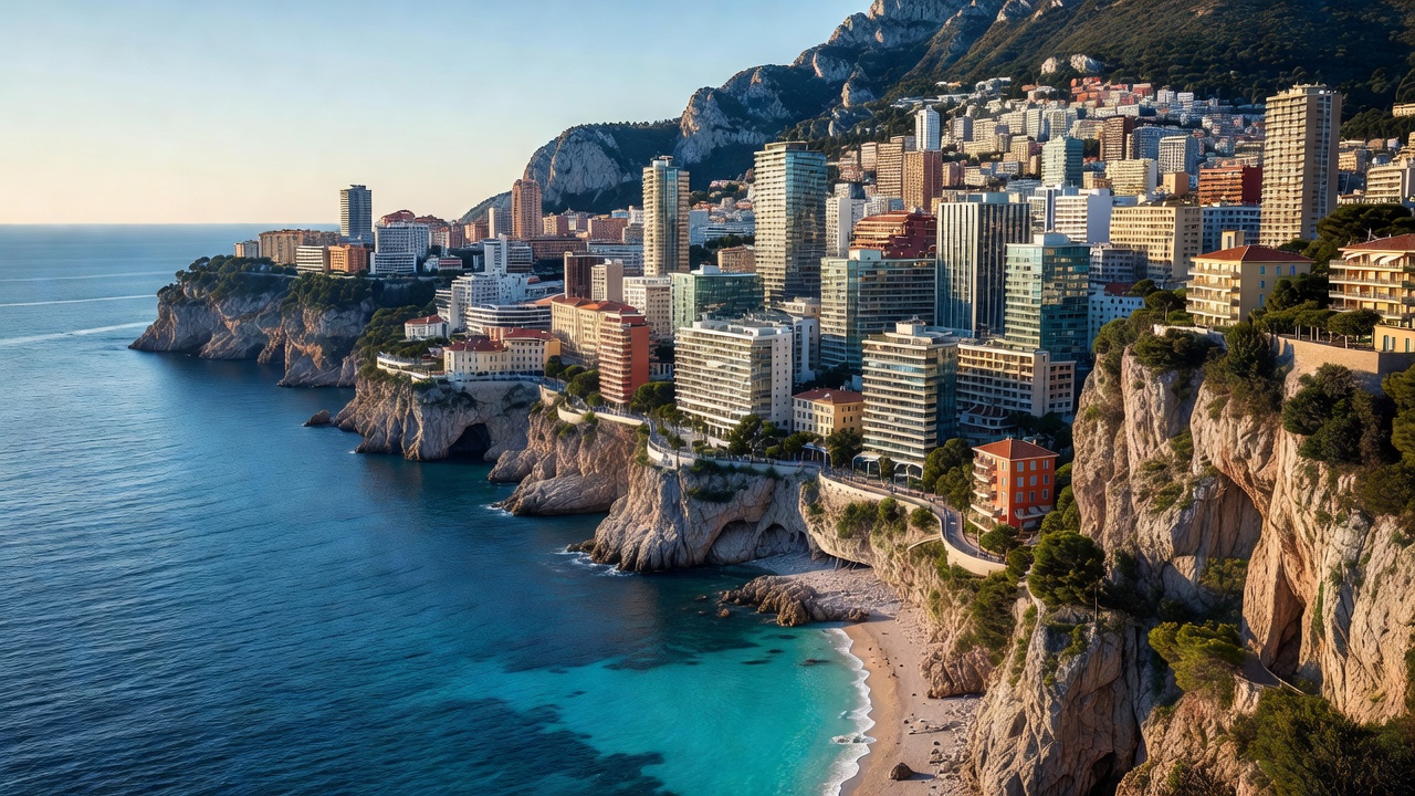 Monaco coastline showing dense urban cliffs and Mediterranean sea