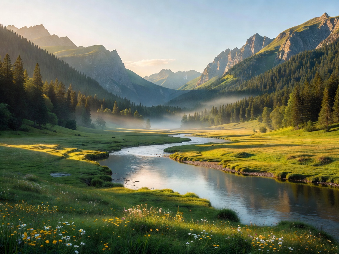 Peaceful mountain valley representing demilitarized nation