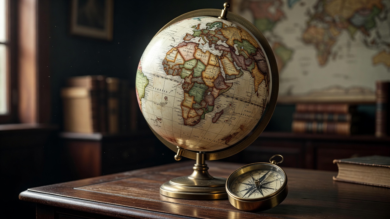 Vintage globe compass demonstrating political borders and capital distinctions